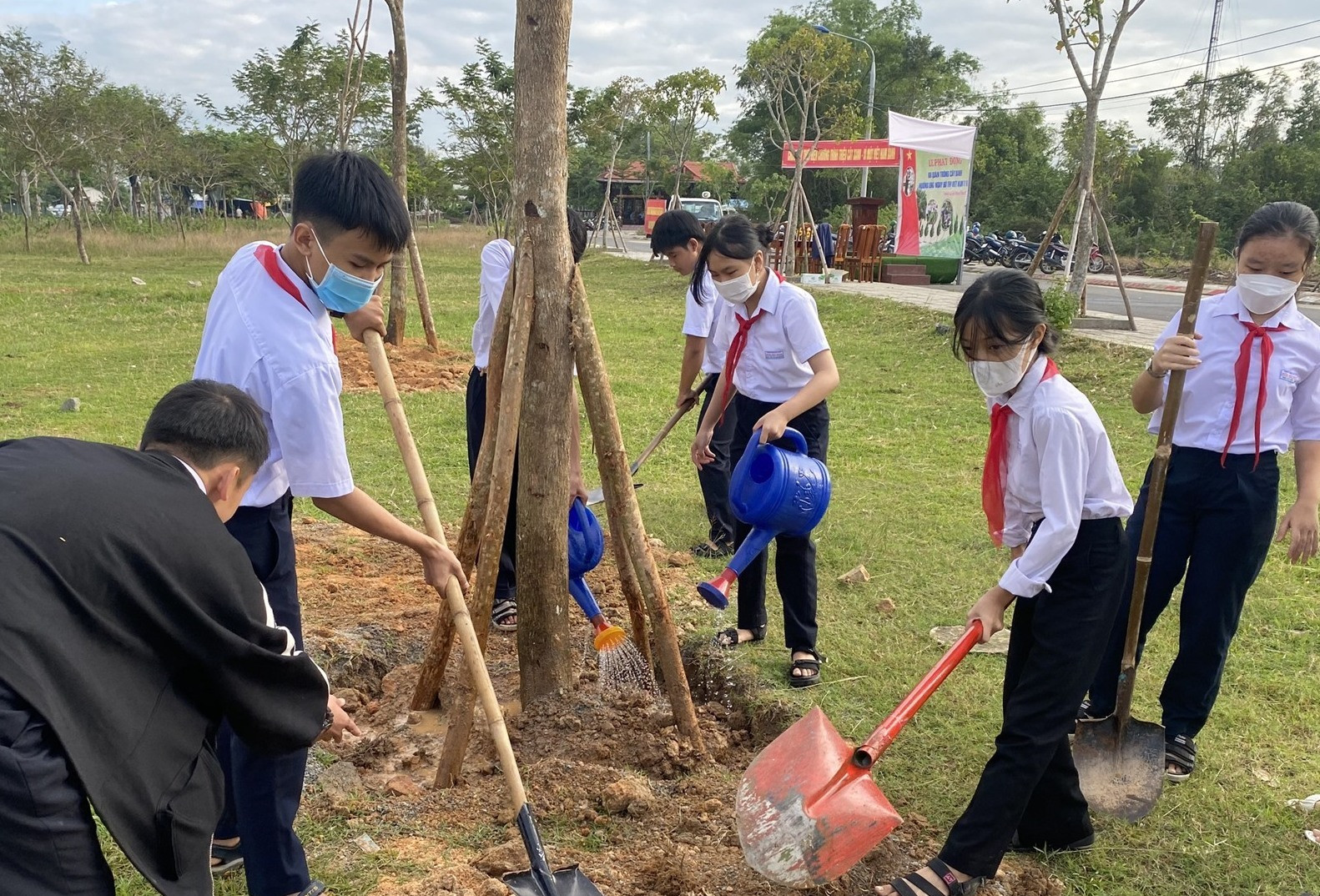 Học sinh THCS trên địa bàn phường tham gia trồng cây.