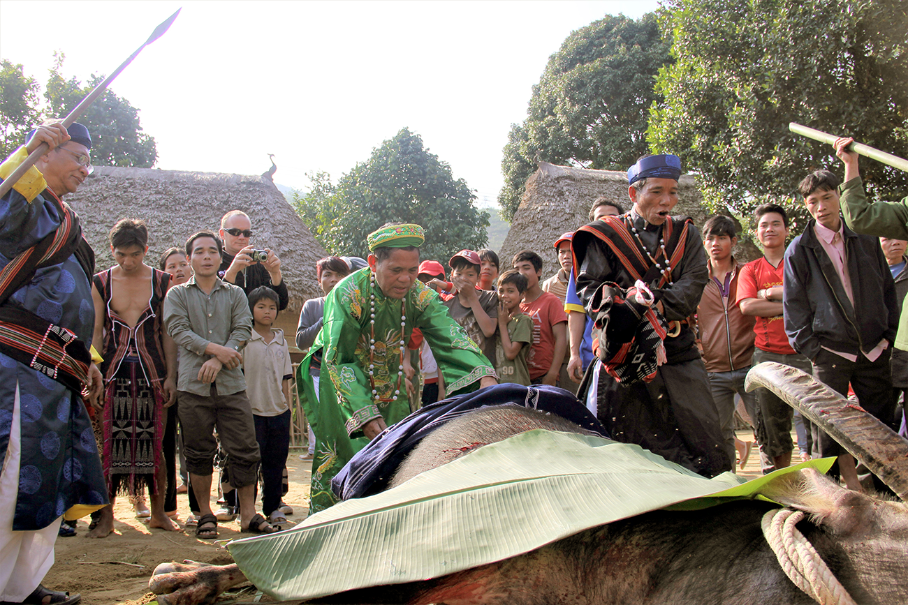 Già làng Cơ Tu mặc bộ xa'năm trong ngày hội ăn trâu truyền thống.