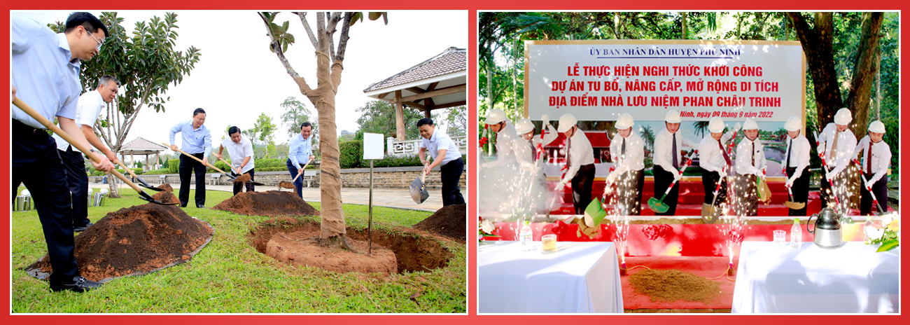 Lãnh đạo tỉnh cùng Bộ trưởng Bộ KH&ĐT Nguyễn Chí Dũng trồng cây lưu niệm tại Tượng đài Mẹ Việt Nam anh hùng và thực hiện nghị thức khởi công dự án tu bổ, nâng cấp Nhà lưu niệm Phan Châu Trinh.