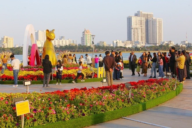 Đường hoa xuân Đà Nẵng vẫn thu hút lượng khách lớn vùng lân cận đến tham quan , chụp ảnh trong ngày mồng 10 tháng giêng (31/1/2023). Ảnh QL