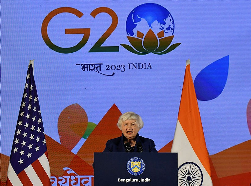 Bộ trưởng Tài chính Mỹ Janet Yellen tại hội nghị G20 ở Ấn Độ ngày 23/2/2023. Ảnh: Daily-sun