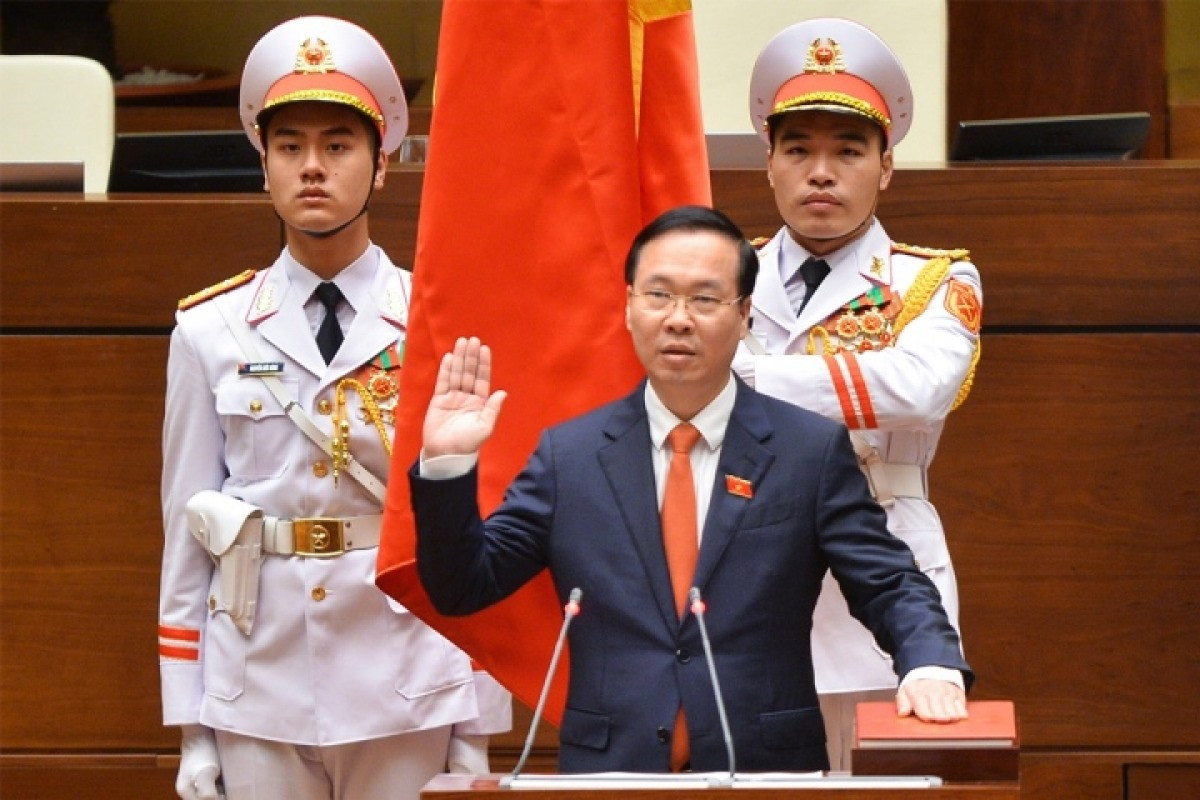 Newly-elected State president of Vietnam Vo Van Thuong is sworn in at the National Assembly's extraordinary session in Hanoi on March 2.