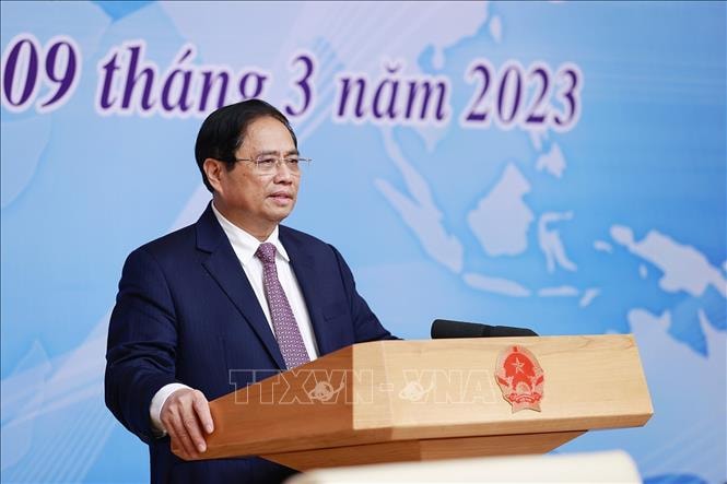 hủ tướng Phạm Minh Chính phát biểu khai mạc Hội nghị triển khai Chương trình hành động của Chính phủ về ngoại giao kinh tế. Ảnh: Dương Giang/TTXVN