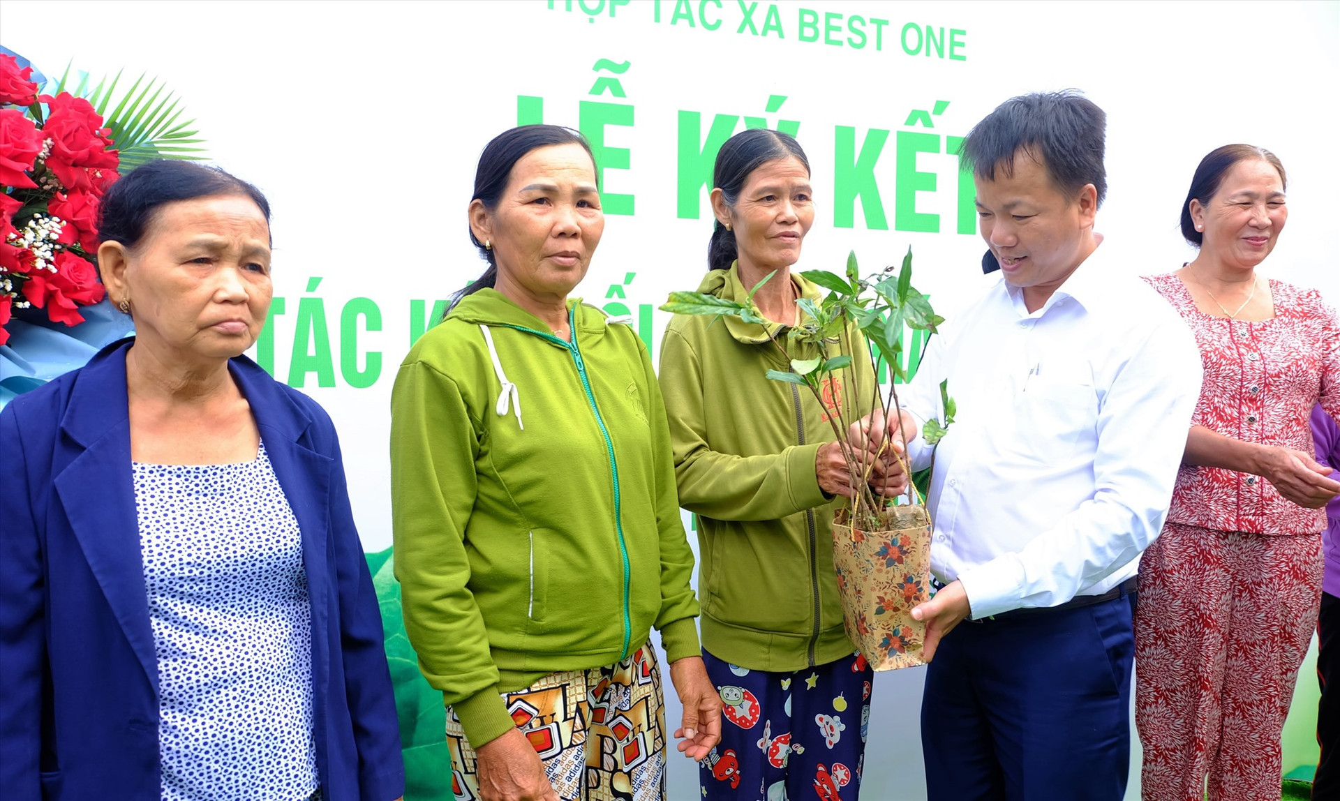 Phó Chủ tịch UBND TP.Tam Kỳ trao cây nhàu giống cho bà con nông dân. Ảnh: M.L