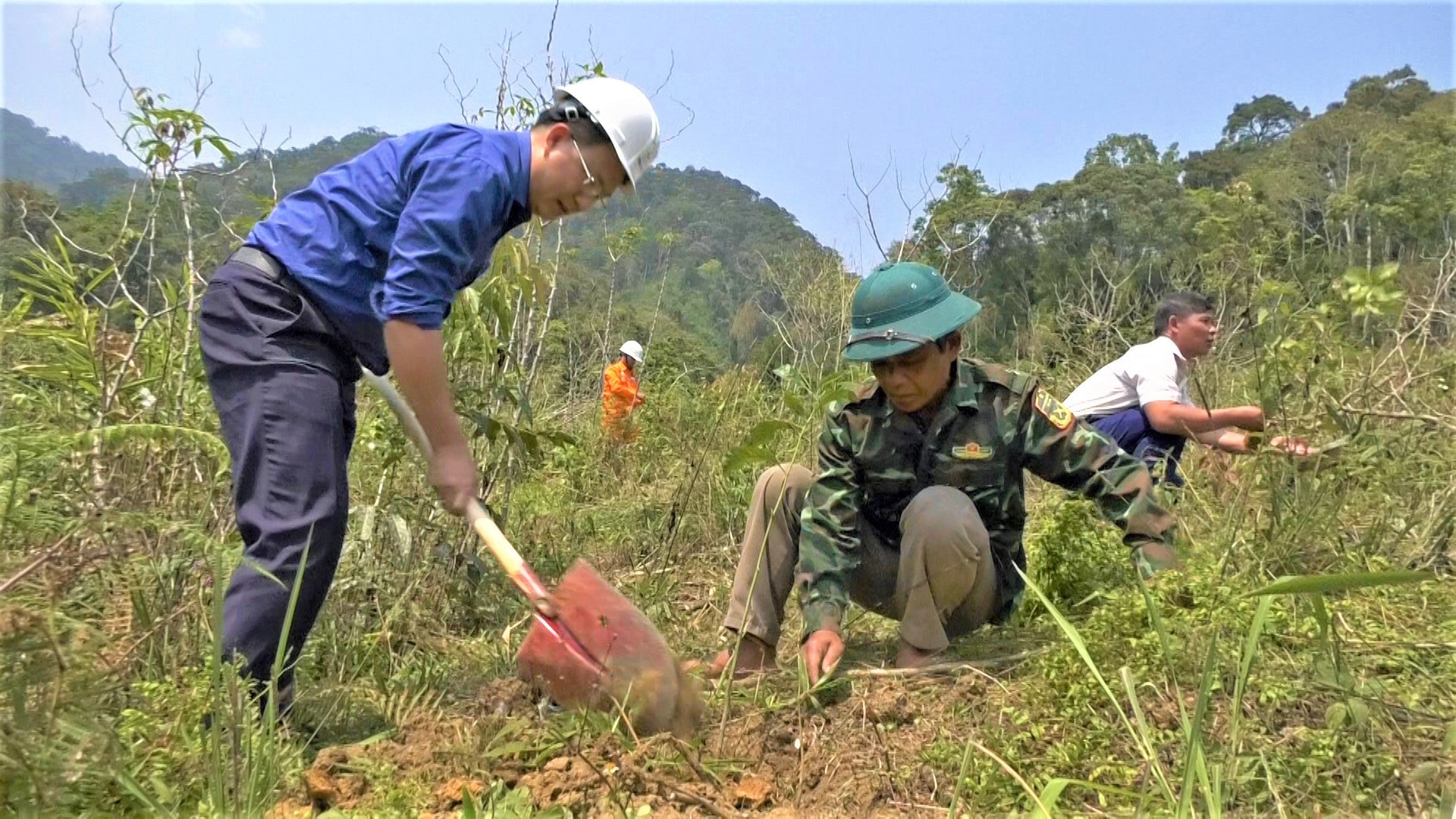 Giám đốc Công ty Điện lực Quảng Nam Nguyễn Hữu Khánh cùng tuổi trẻ trồng cây dổi lấy hạt trên đất vườn đồi hộ dân xã Tr’Hy. Ảnh: VH