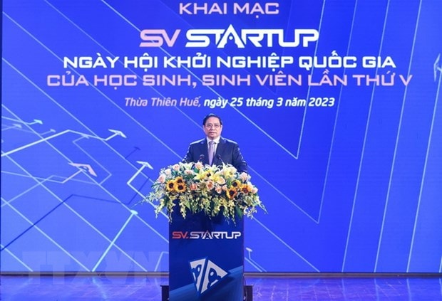 Thủ tướng Phạm Minh Chính phát biểu tại lễ khai mạc Ngày hội Khởi nghiệp quốc gia của học sinh, sinh viên lần thứ V. (Ảnh: Dương Giang/TTXVN)