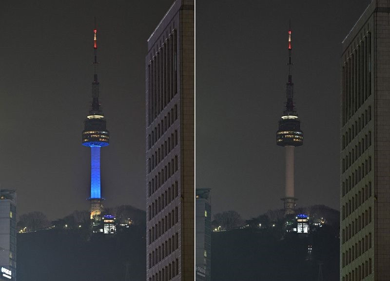 Tháp Namsan - biểu tượng của thủ đô Seoul (Hàn Quốc) trong giờ tắt đèn vào tối 25/3. Ảnh: AFP