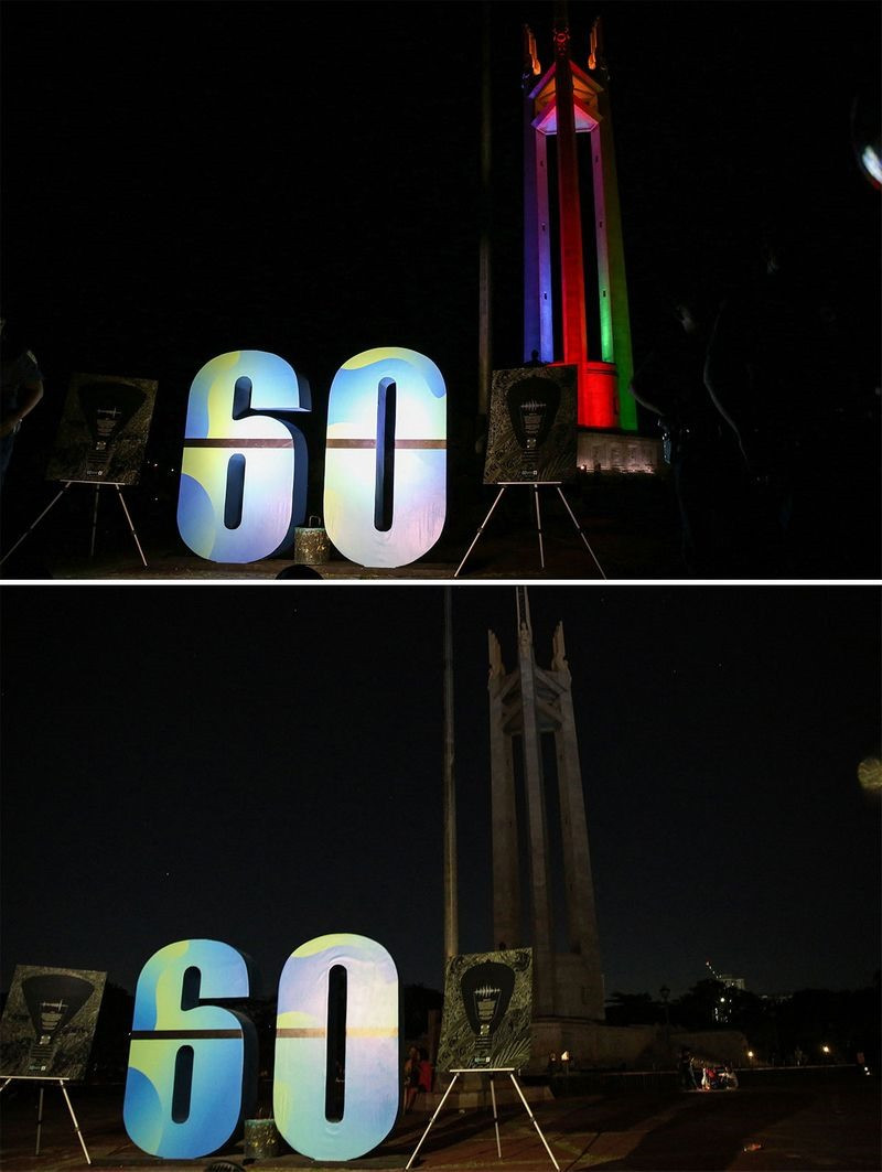 Đài tưởng niệm Quezon trước và sau khi tắt đèn để đánh dấu chiến dịch môi trường Giờ Trái đất ở thành phố Quezon, ngoại ô Manila, Philippines.