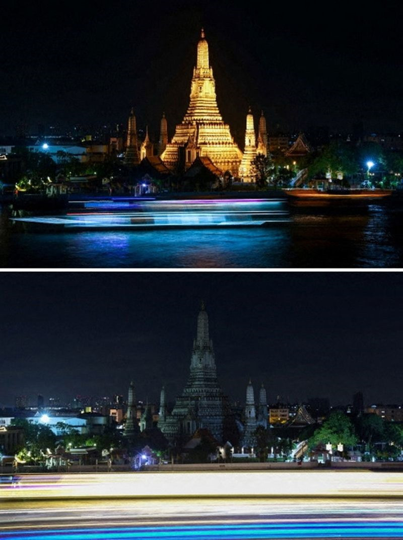 Một bức ảnh kết hợp cho thấy Đền thờ Bình minh trước và trong Giờ Trái đất, ở Bangkok, Thái Lan.