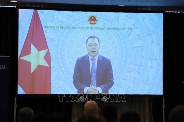 Deputy Minister of Industry and Trade Dang Hoang An speaks via teleconferencing. (Photo: VNA)