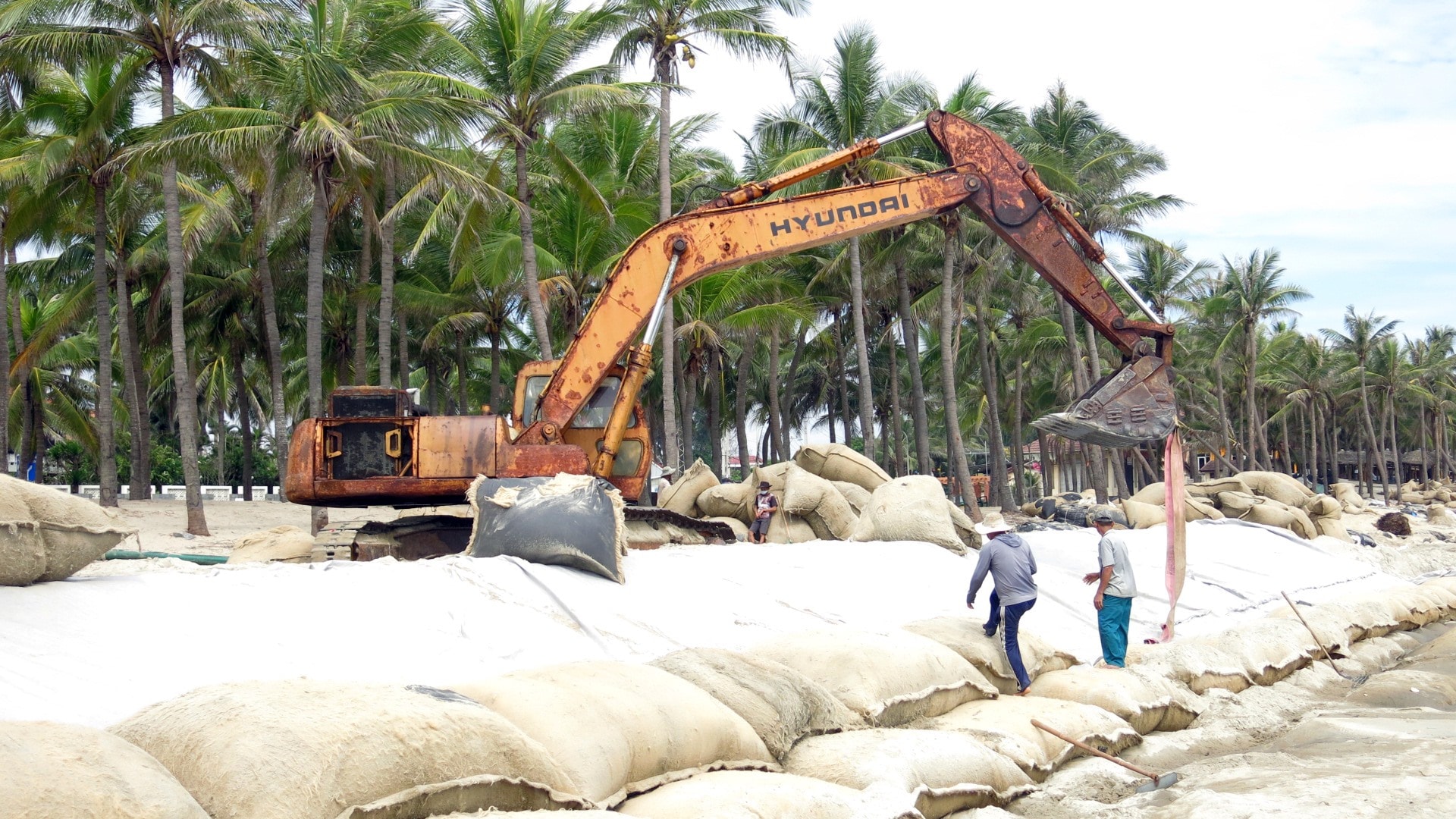 Các nhà thầu đang đẩy nhanh tiến độ thi công công trình, gia tăng khối lượng đầu tư để giải ngân, góp phần vào tăng trưởng chung của địa phương. TRONG ẢNH: Thi công dự án Thích ứng với biến đổi khí hậu TP.Hội An và kè khẩn cấp bờ biển cửa Đại. Ảnh T.D