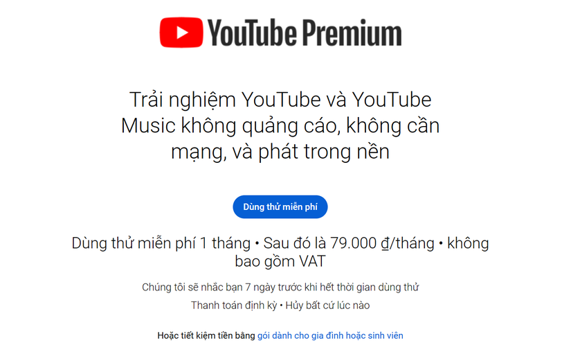 Gói tài khoản YouTube Premium được nền tảng YouTube cung cấp tại Việt Nam từ 12/4.