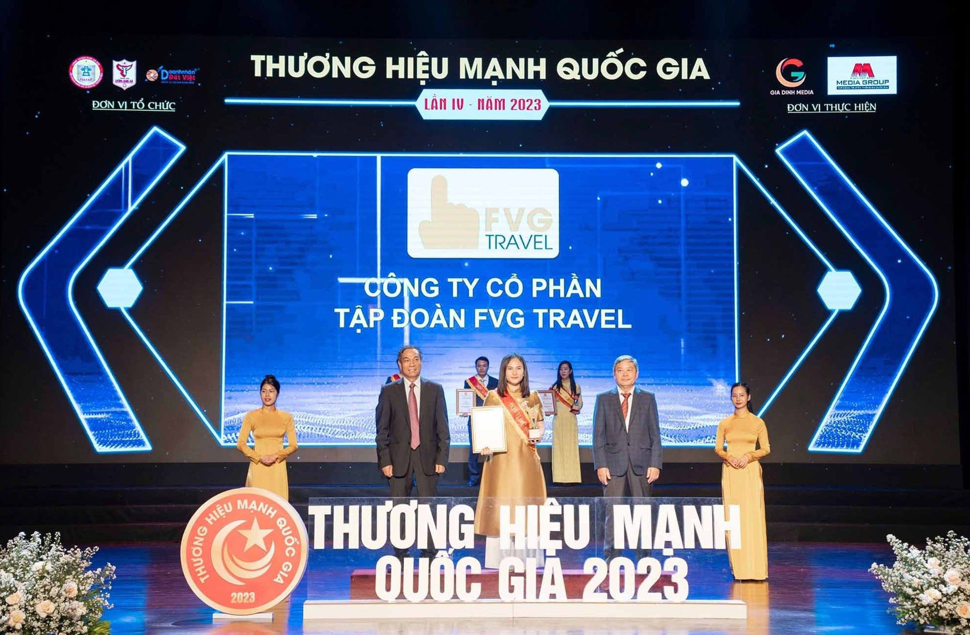 Công ty CP Tập đoàn FVG Travel được vinh danh giải thưởng “Thương hiệu mạnh quốc gia năm 2023”. Ảnh: TPT