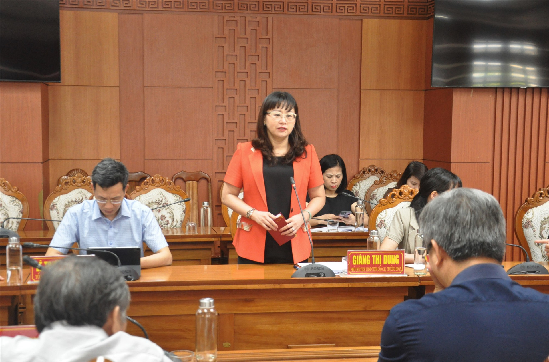 Phó Chủ tịch UBND tỉnh Lào Cai Giàng Thị Dung phát biểu tại buổi làm việc. Ảnh: T.V