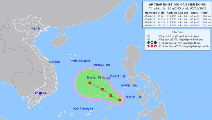 Vị trí và hướng di chuyển áp thấp nhiệt đới lúc 10h sáng 5-5 - Ảnh: NCHMF