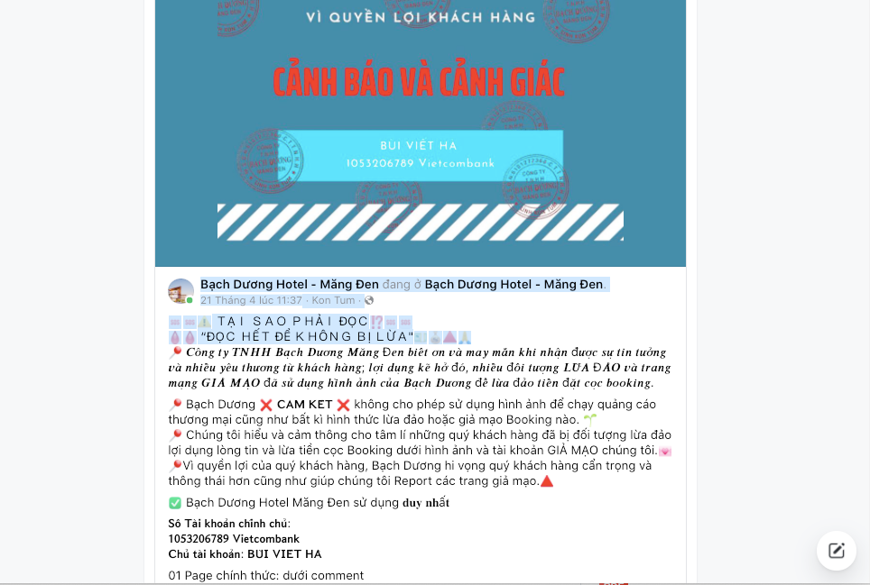 Cơ sở lưu trú Bạch Dương Hotel tại Măng Đen đã đăng bài cảnh báo, song vẫn có du khách bị lừa đảo trong dịp lễ 30/4 - 1/5 vừa qua.
