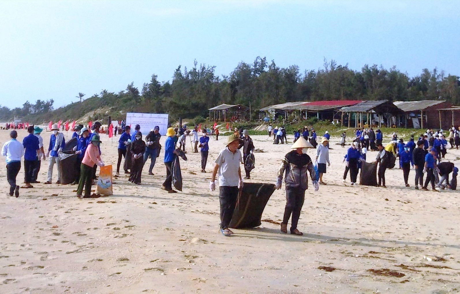 Thu gom dọn vệ sinh bãi biển thôn Hà Lộc, xã Tam Tiến. Ảnh: N.Q