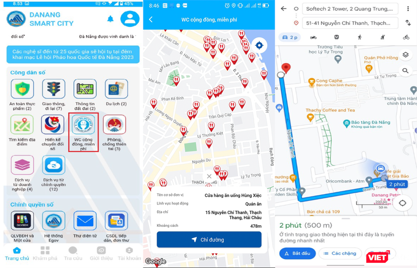 Giao diện hỗ trợ tìm kiếm nhà vệ sinh miễn phí lên app Danang Smart City.