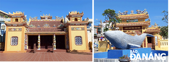 Lăng Ngư Ông Tân Thái và tượng cá voi trước tam quan lăng. Ảnh: T.M