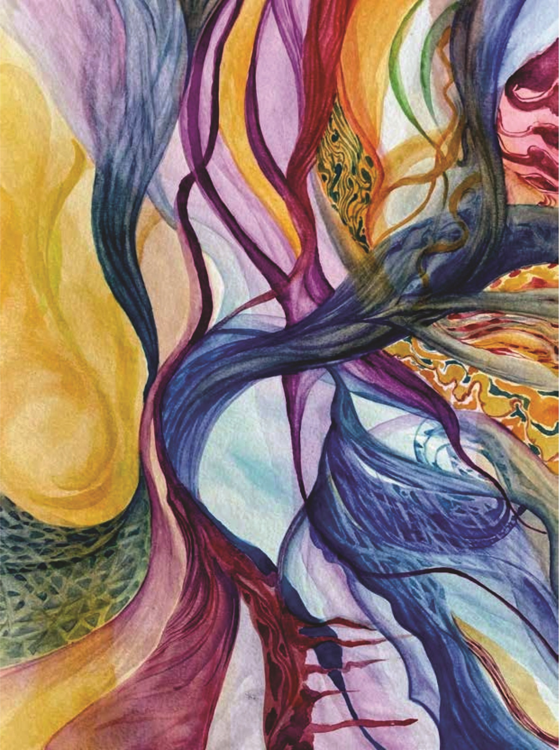 Một tác phẩm màu nước trên giấy dày của họa sỹ Kimchi Hoàng trưng bày tại triển lãm.