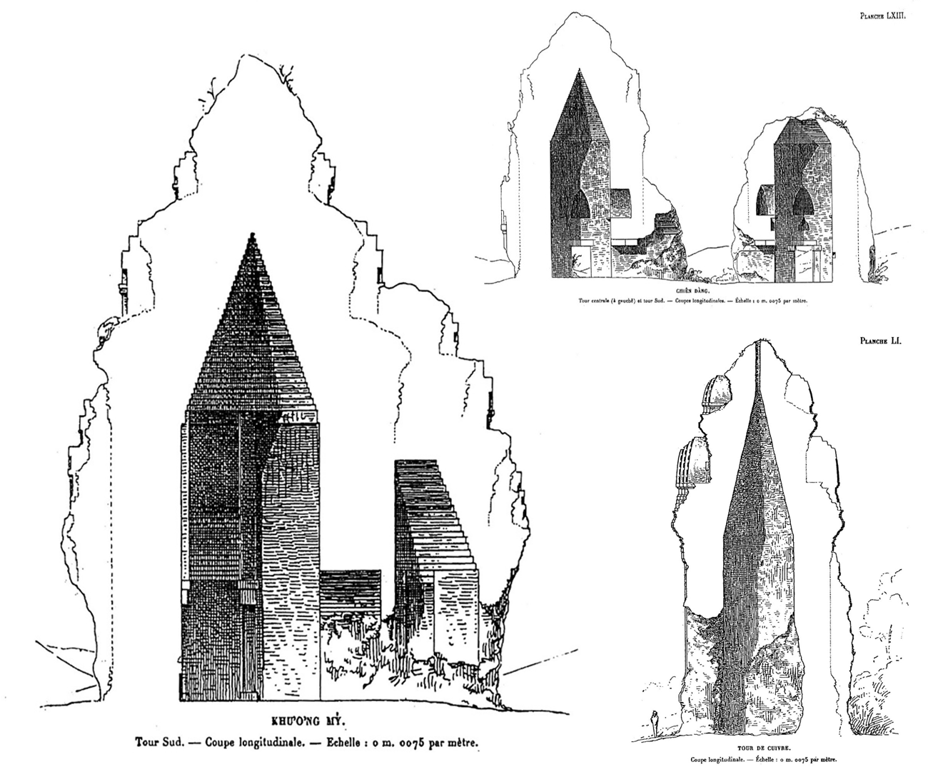 Những bản vẽ của Henri Parmentier đầu thế kỷ 20 về các ngôi tháp có hốc tường nội điện.