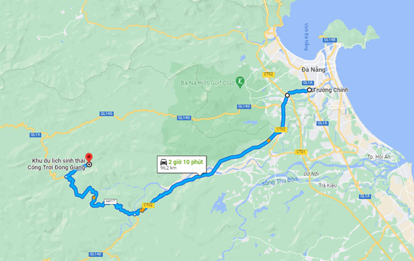 Đường đi Cổng Trời Đông Giang qua thị trấn Thạnh Mỹ theo Google Map.
