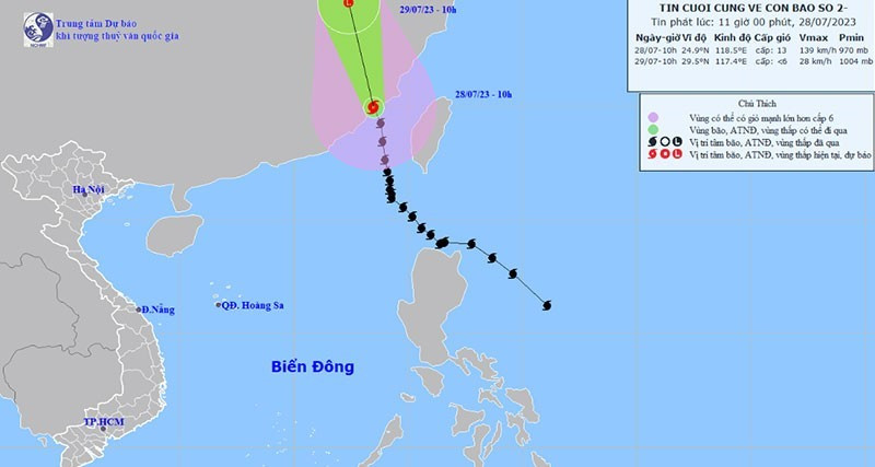 Vị trí và hướng di chuyển của bão số 2. (Nguồn: nchmf.gov.vn)