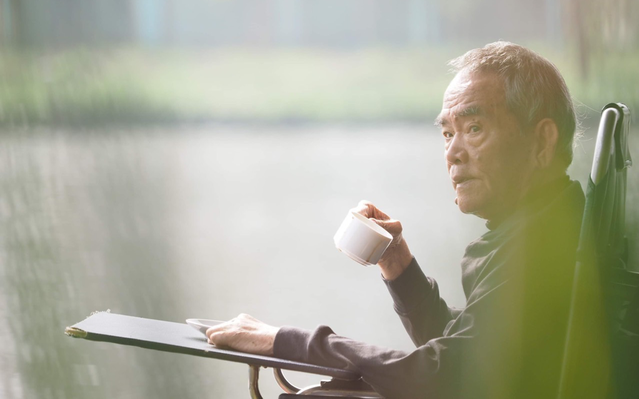 Nhà văn Hoàng Phủ Ngọc Tường sau khi bạo bệnh, phải ngồi xe lăn. Ảnh: Internet