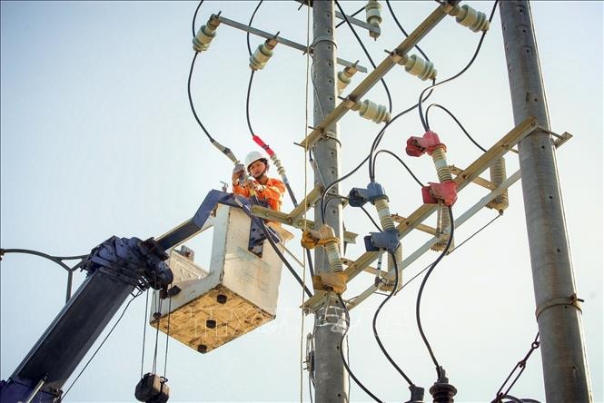 Nhân viên điện lực kiểm tra, sửa chữa các khiếm khuyết trên đường dây nhằm đảm bảo cấp điện an toàn, ổn định cho phục vụ nhân dân trong dịp lễ Quốc khánh năm nay. Ảnh: TTXVN phát
