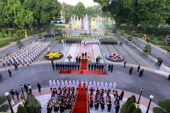 Toàn cảnh Lễ đón Tổng thống Hoa Kỳ Joe Biden thăm cấp Nhà nước tới Việt Nam. Ảnh: TTXVN