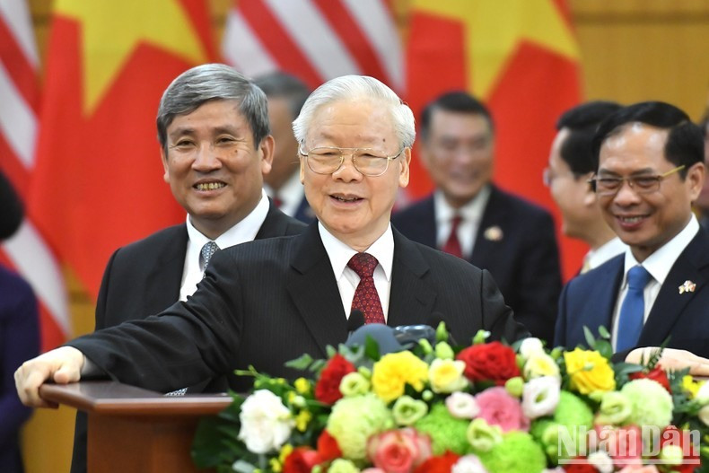 Tổng Bí thư Nguyễn Phú Trọng phát biểu tại cuộc họp báo chung. (Ảnh: Trí Dũng/TTXVN)