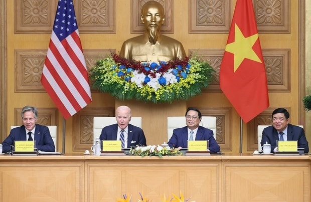 Thủ tướng Phạm Minh Chính và Tổng thống Joe Biden tại Hội nghị cấp cao Việt Nam - Hoa Kỳ về đổi mới sáng tạo và đầu tư. (Ảnh: Dương Giang/TTXVN)