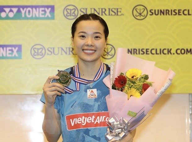Tuyển thủ Quốc gia Nguyễn Thùy Linh giành ngôi vô địch Giải Cầu lông Vietnam Open 2023. (Ảnh: Thanh Vũ/TTXVN)