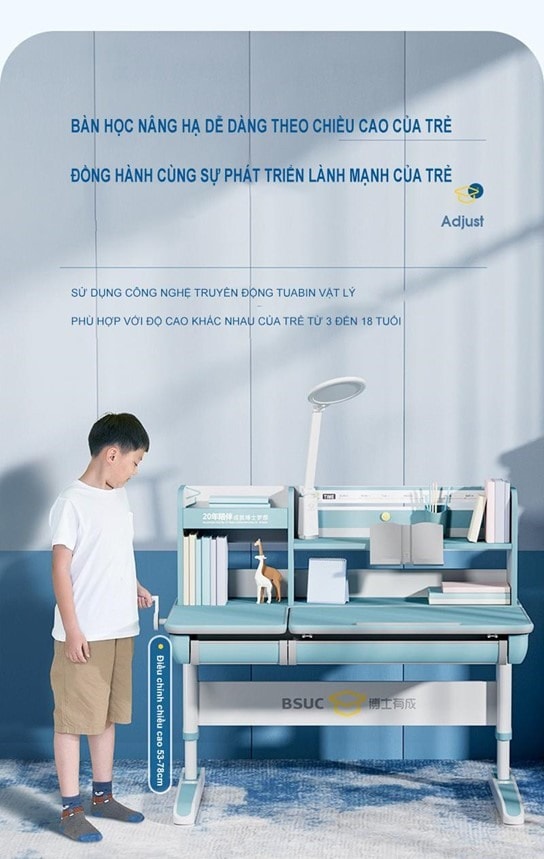 Bàn học có thể nâng hạ theo sự phát triển của trẻ.