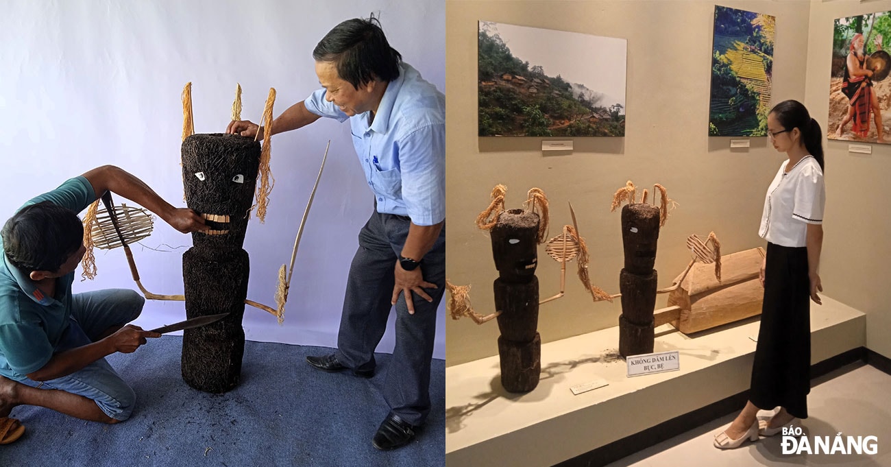 Tượng cổng làng do ông Nguyễn Văn Quyết (bì trái) chế tác được trưng bày tại Bảo tàng Quảng Nam. Ảnh: S.G.P