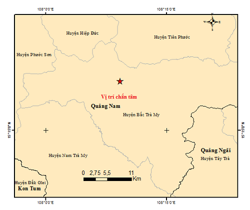 Bản đồ tâm chấn trận động đất xảy ra vào tối qua (24/9) tại huyện Bắc Trà My (Nguồn Viện Vật lý địa cầu Việt Nam).