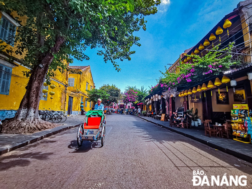 Cùng với đèn lồng, xích-lô hay những thềm nhà cổ kính, hoa giấy góp phần làm nên một phố Hội duyên dáng và cuốn hút.