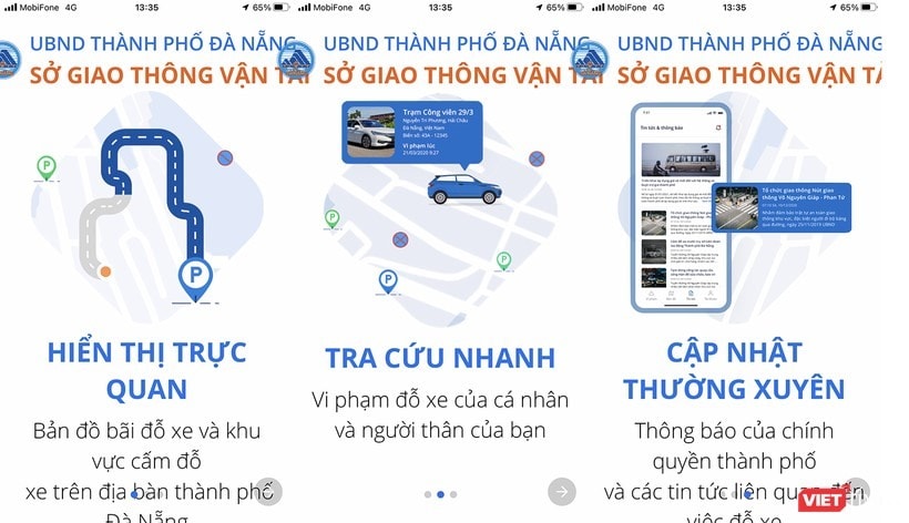 Ứng dụng giám sát đỗ xe Danang Parking trên di động.