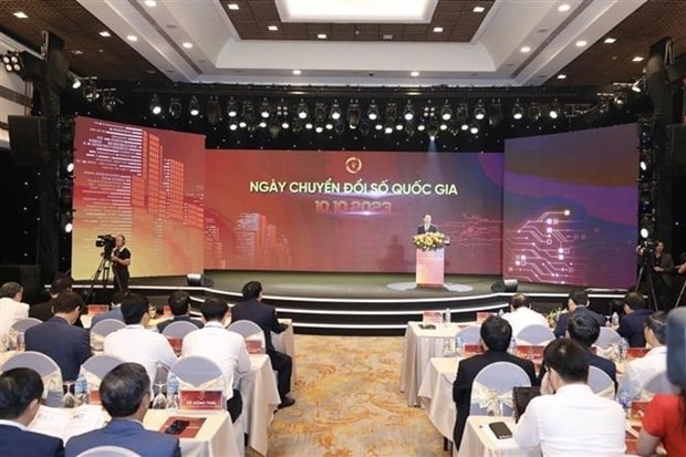 An overview of the event held in Hanoi on October 10 to mark the National Digital Transformation Day 2023 (Photo: VNA)
