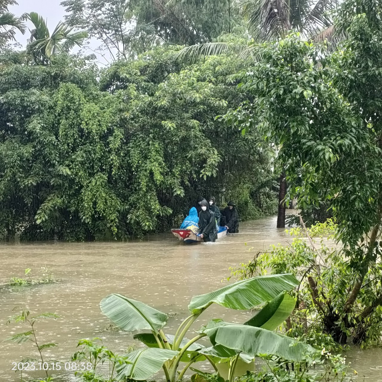 Mưa ngập đường, người dân xã Tam Thăng dùng ghe thuyền làm phương tiên lưu thông