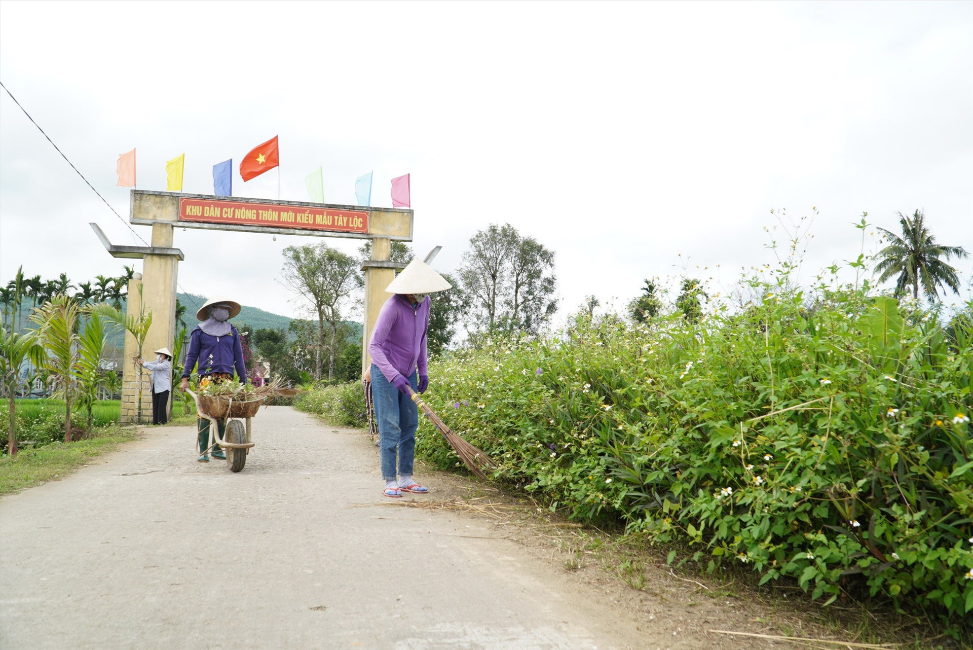 Người dân dọn dẹp vệ sinh môi trường tuyến đường hoa ở xã Tam Lộc (Phú Ninh). Ảnh: P.V