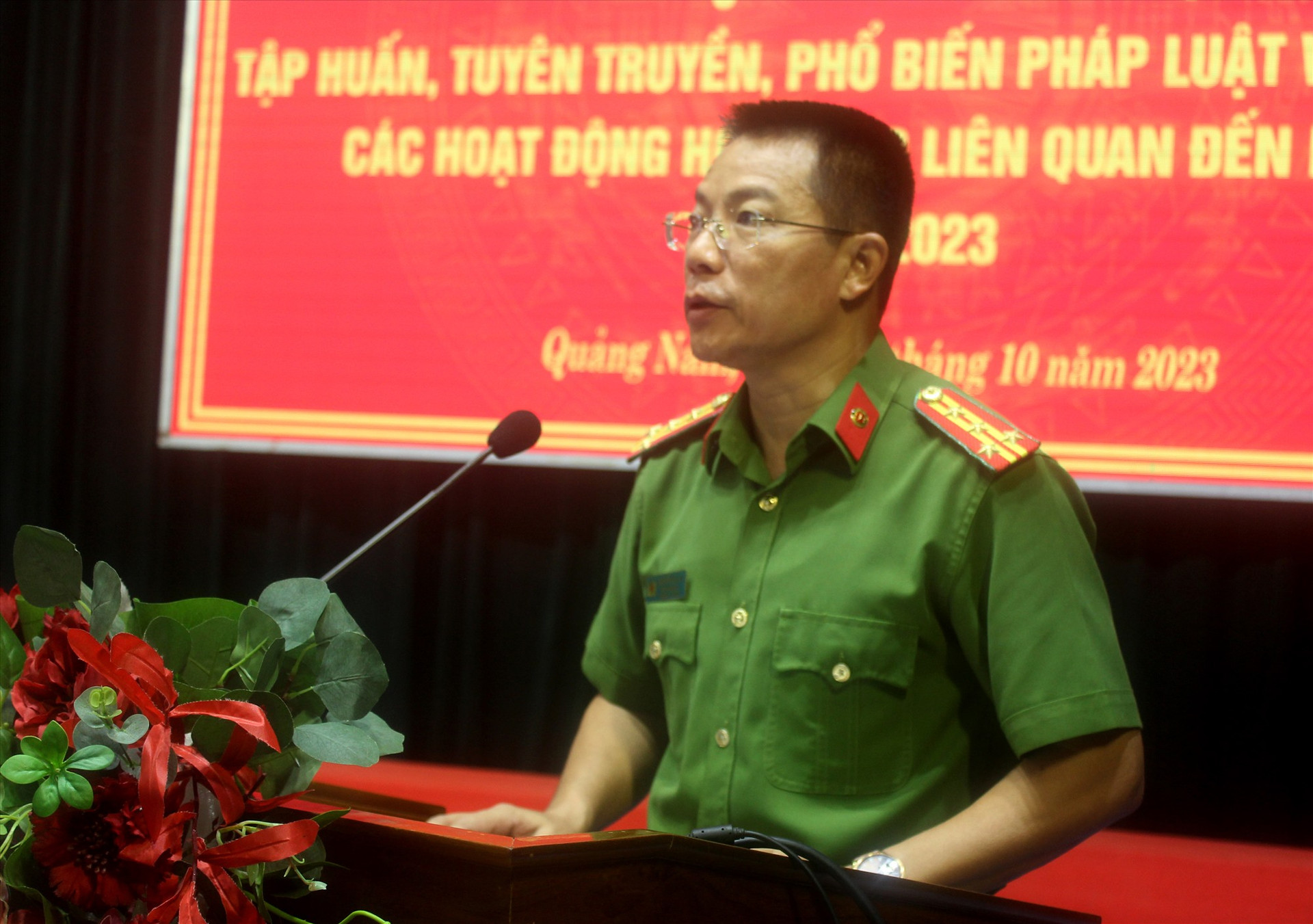 Đại tá Nguyễn Hà Lai - Phó Giám đốc Công an Quảng Nam phát biểu khai mạc tại hội nghị.