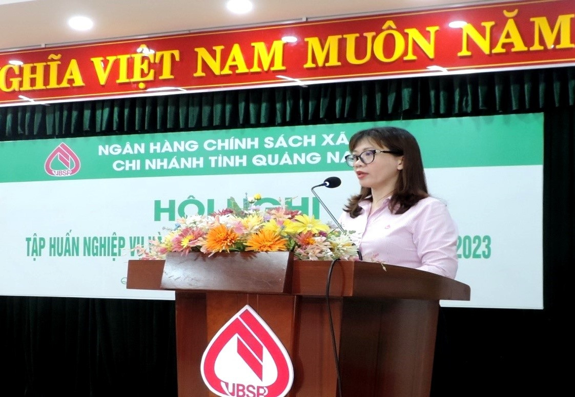 Bà Lê Thị Kim Anh - Phó Giám đốc Chi nhánh Ngân hàng CSXH Quảng Nam phát biểu tại hội nghị. Ảnh:Q.VIỆT