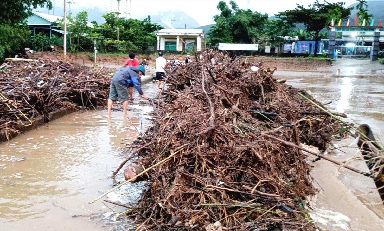 Lực lượng chức năng và người dân xã Đại Hưng dọn cây cối, rác trên cây cầu thuộc tuyến ĐH13.ĐL qua thôn Thái Chấn Sơn vào sáng sớm nay. Ảnh: C.T
