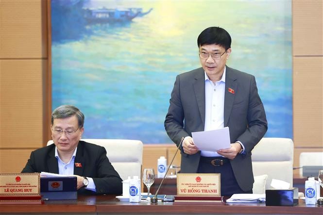 Chủ nhiệm Ủy ban Kinh tế của Quốc hội Vũ Hồng Thanh trình bày báo cáo về một số nội dung lớn tiếp thu, giải trình, chỉnh lý dự thảo Luật Đất đai (sửa đổi). Ảnh: Doãn Tấn/TTXVN