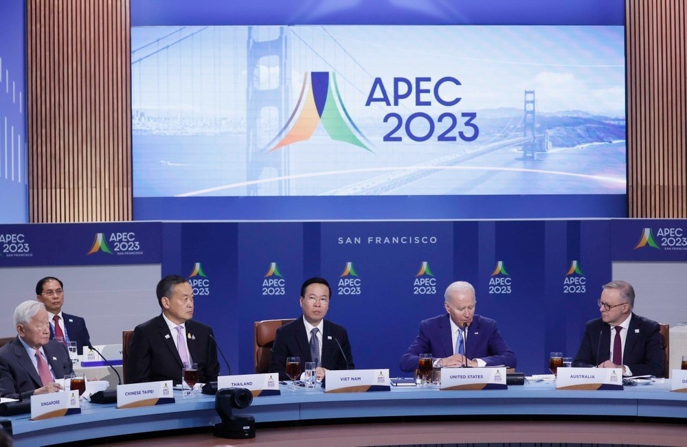 Vietnamese President Vo Van Thuong (third from right) joins other APEC leaders at the first session of the APEC Leaders' Meeting, focusong on climae change response