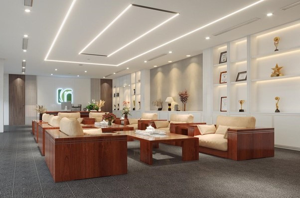 Sofa văn phòng và toàn bộ kệ tủ trang trí được sản xuất bởi Minh Hải Plaza tại công ty CNC.