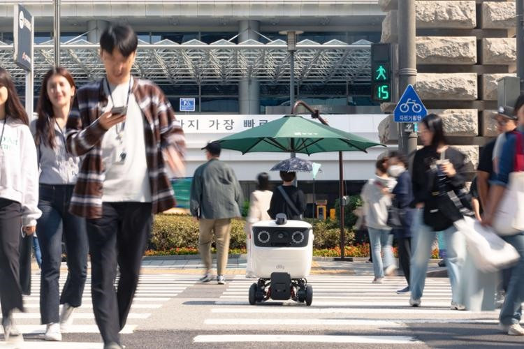 Dilly, robot giao hàng tự lái được phát triển bởi Woowa Brothers, nhà điều hành dịch vụ giao đồ ăn của Baemin, băng qua đường khi đang trên đường giao đồ ăn trên Teheran-ro ở quận Gangnam phía nam Seoul, nơi được chỉ định đặc biệt để giao đồ ăn bằng robot, ngày 7 tháng 11. Được phép của anh em Woowa