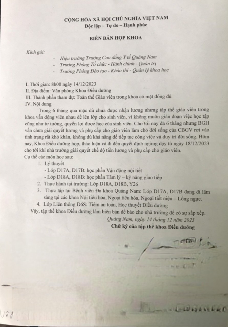 Công văn của giáo viên Trường Cao đẳng Y tế Quảng Nam thông báo ngừng việc gửi đến Ban Giám hiệu nhà trường.