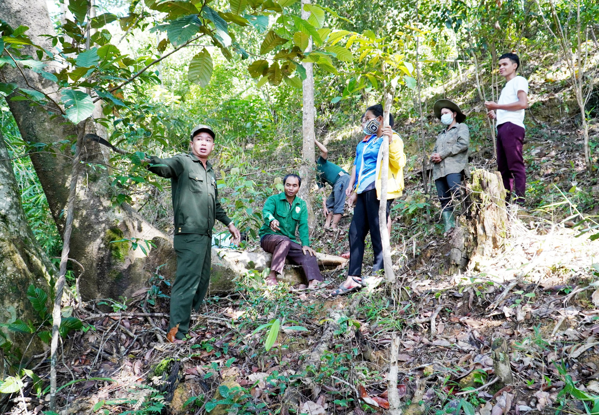 Cán bộ quản lý địa bàn thuộc BQL rừng phòng hộ Tây Giang phối hợp với cộng đồng tuần tra rừng. Ảnh: H.Q